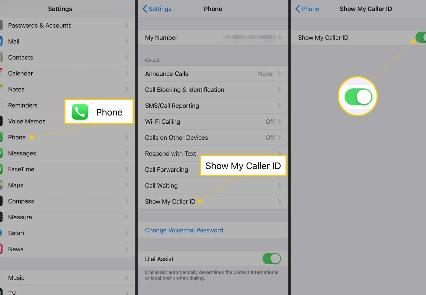 Phone, Show My Caller ID, and toggle ON in iOS Settings