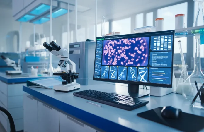 image-1754162997949-2338.webp Ilustrasi laboratorium dengan AI dan mikroskop digital