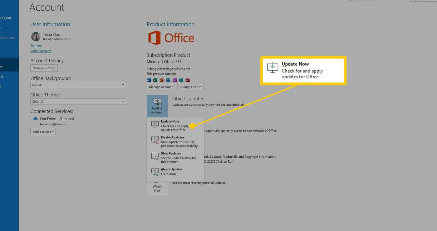 Update Options on Office Account pane in Outlook