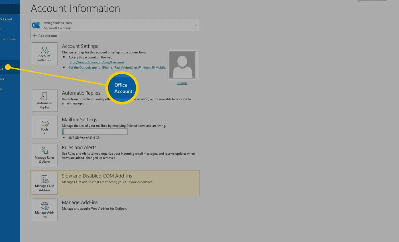 Outlook Office Account in left pane of File tab