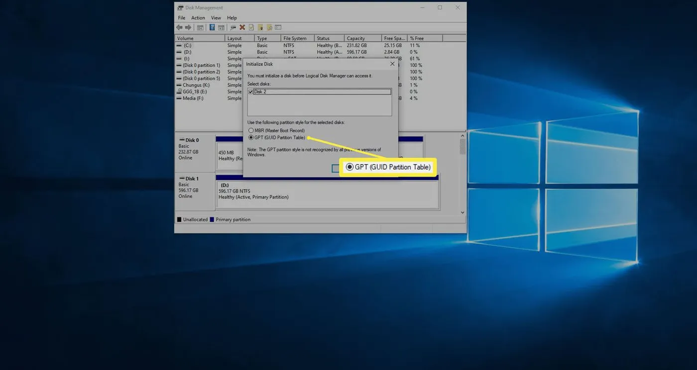 Tampilan Disk Management di Windows