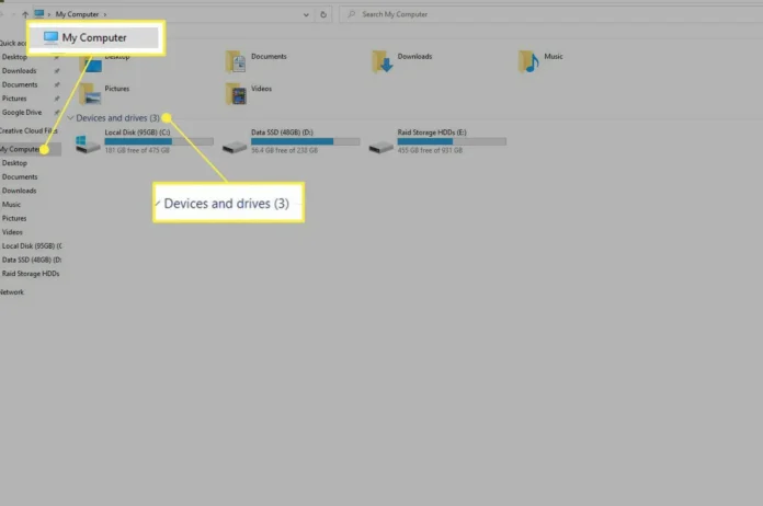 Windows 10 PC dengan This PC dan Devices and Drives yang disorot