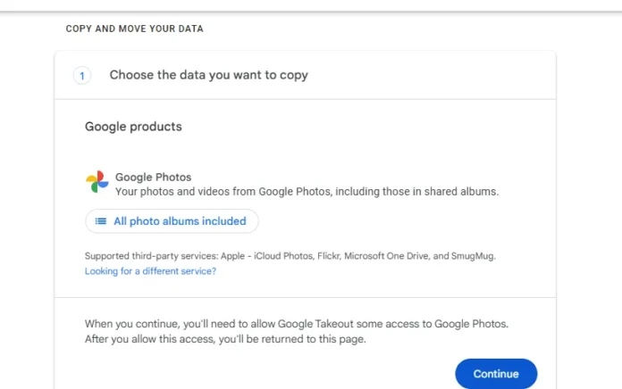 Tombol pilihan semua album foto di Google Takeout untuk transfer ke iCloud