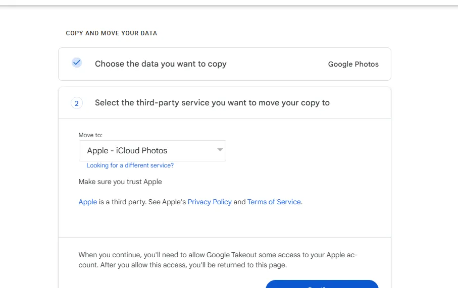 iCloud chosen in Google Takeout for the destination of a Google Photos transfer