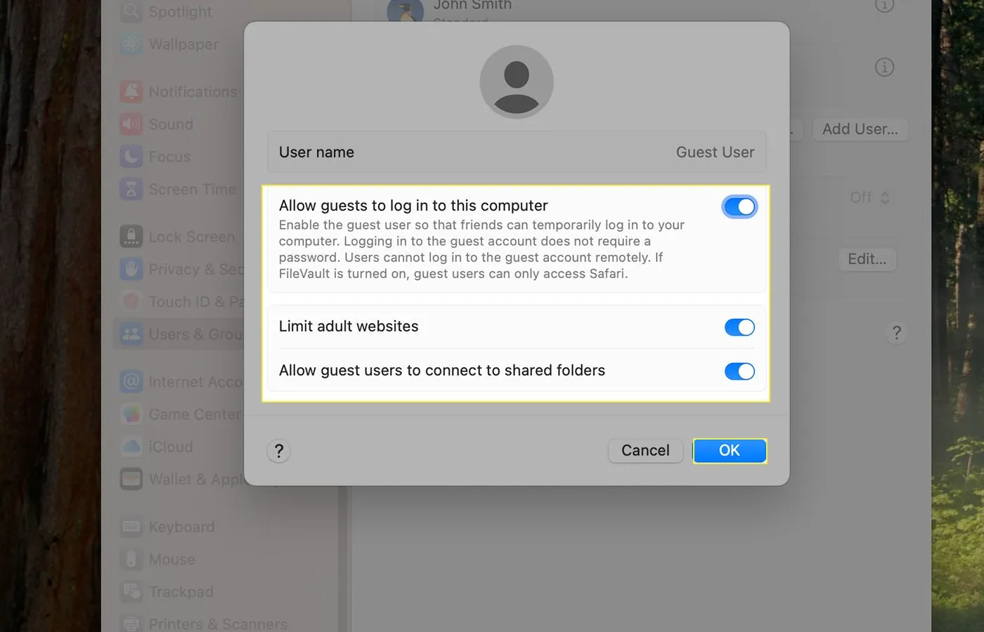 Setup screen for Guest User on a Mac