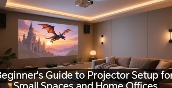 Panduan setting projector di meja kerja kecil dengan layar lebar