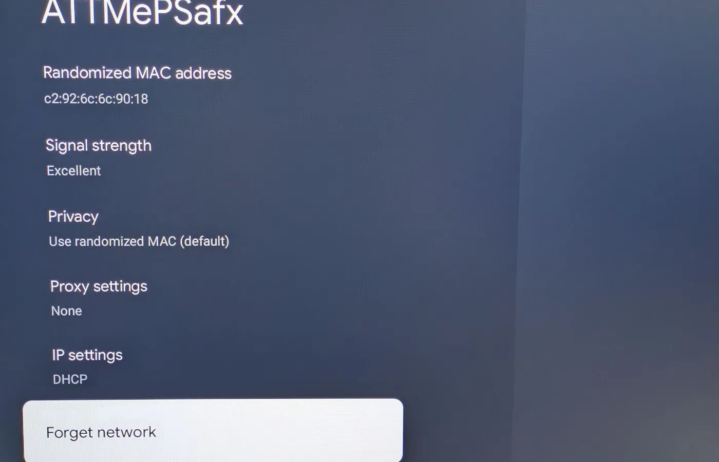 The 'Forget network' option for a Wi-Fi network on Chromecast
