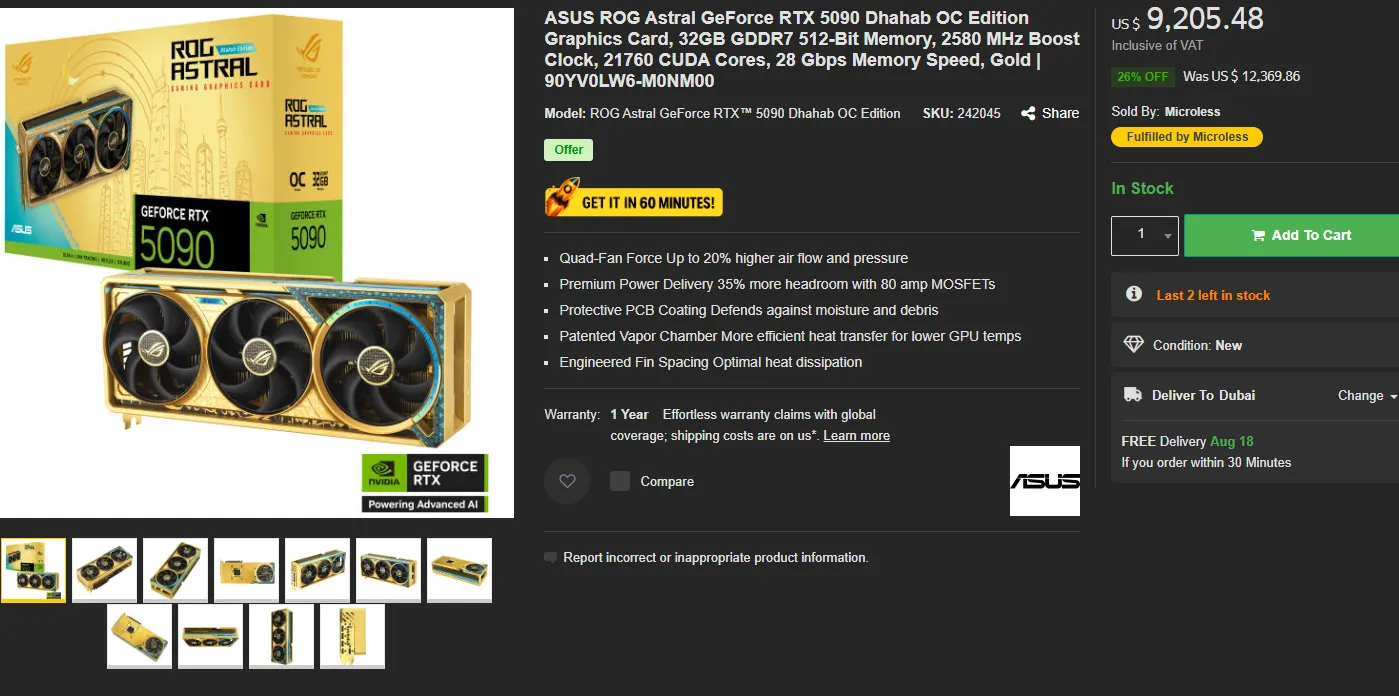 ASUS ROG Astral GeForce RTX 5090 gold graphics card, high-performance gaming GPU.