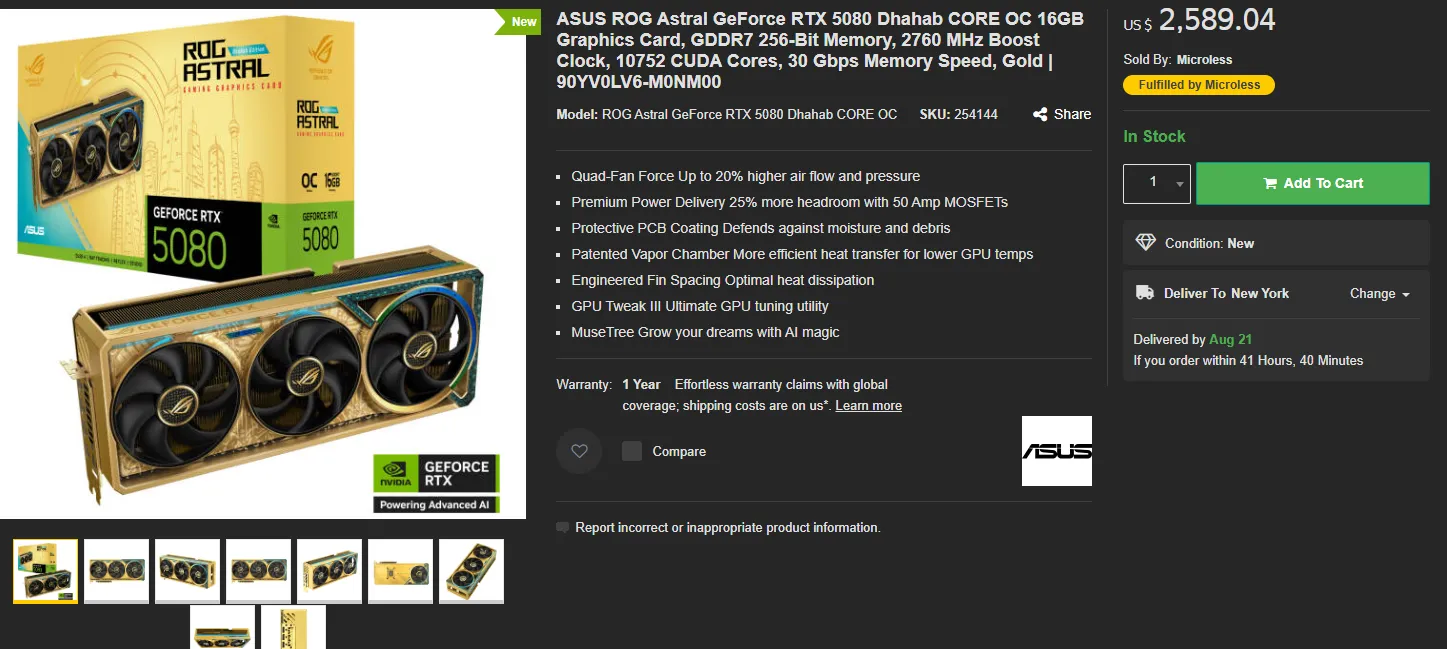 ASUS ROG Astral GeForce RTX 5080 graphics card, gold edition, with packaging.