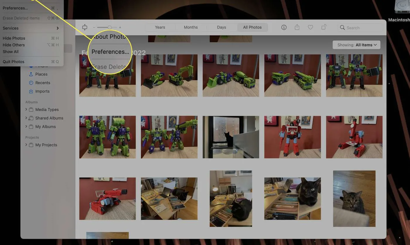The Photos app Preferences menu item highlighted on a Mac