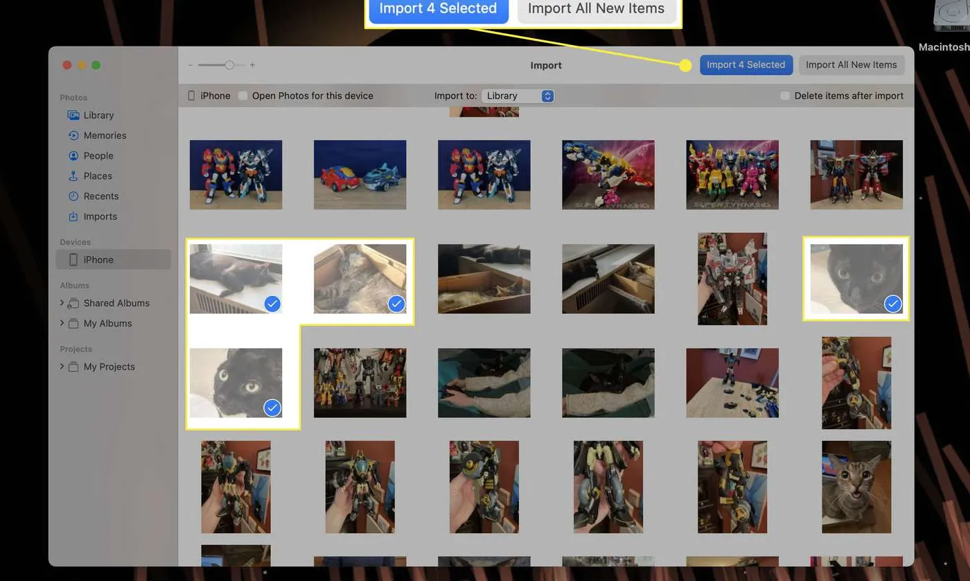 Selecting and importing photos interface highlighted in the Photos app on a Mac