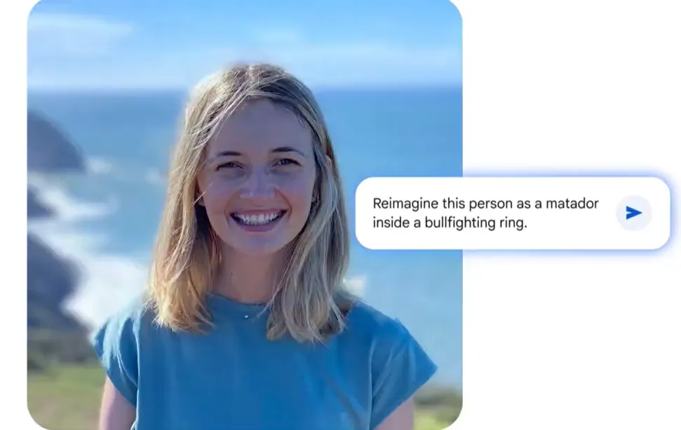A person smiling outdoors near a coastal landscape with a text prompt about imagining them as a matador inside a bullfighting ring