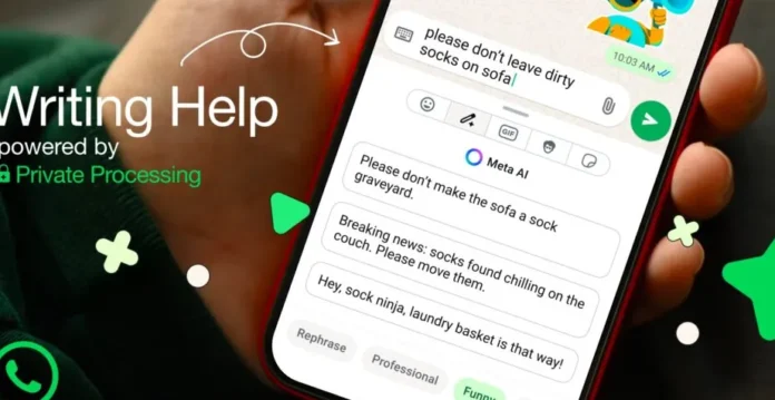 Ilustrasi fitur WhatsApp Writing Help dengan ikon pensil dan saran teks AI