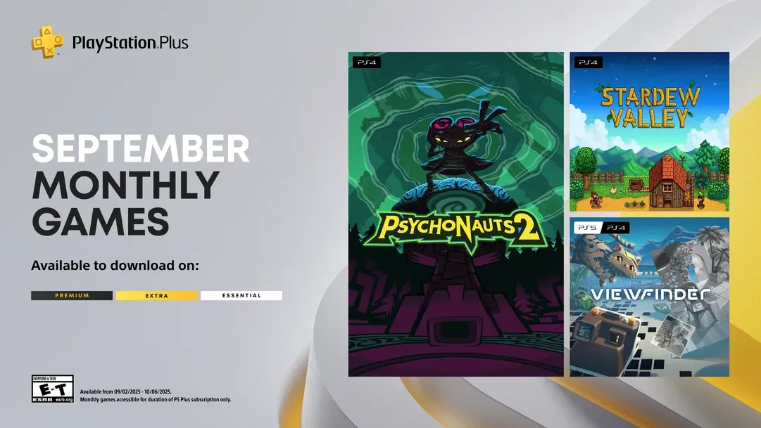 Gambar ilustrasi PlayStation Plus September 2024 menampilkan Stardew Valley, Psychonauts 2, dan Viewfinder