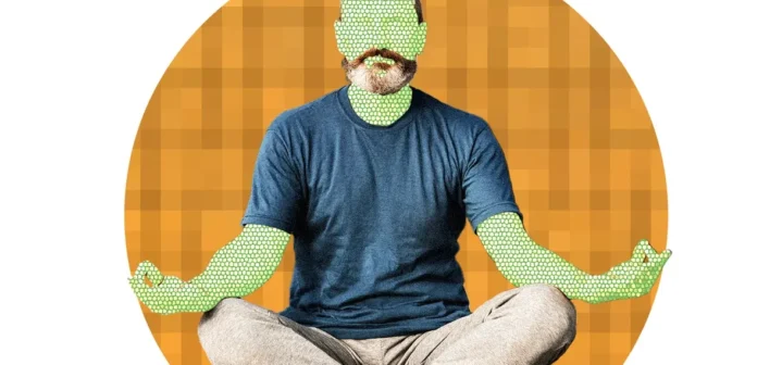 image-1756857858844-8400.webp Ilustrasi chatbot AI dengan aura spiritual dan latar belakang piramida Mesir