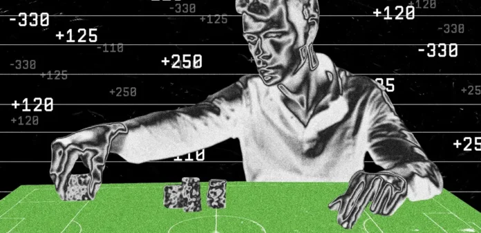 Ilustrasi AI agen taruhan olahraga dengan tampilan layar komputer yang menampilkan analisis pertandingan dan odds betting