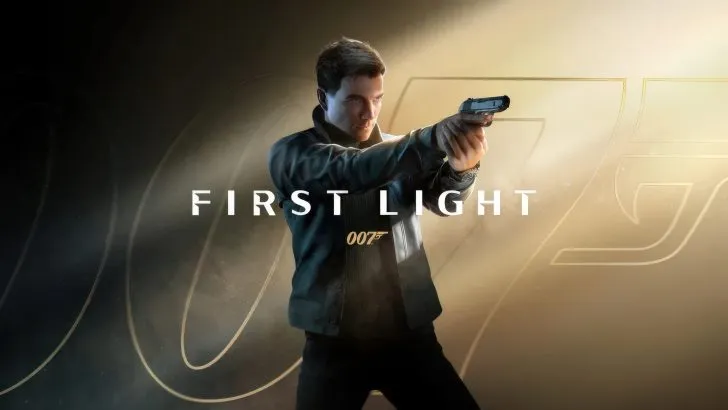 Agent in dark jacket aims gun with text 007 FIRST LIGHT across the center.