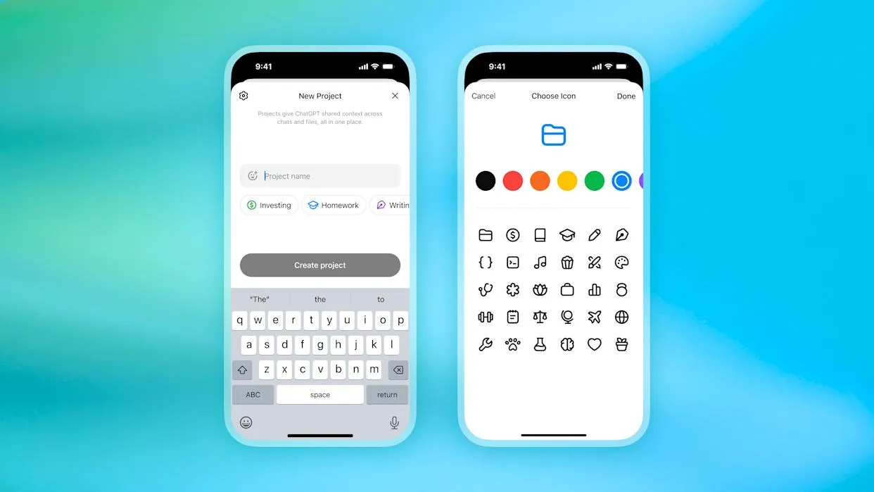 Antarmuka Projects ChatGPT yang menunjukkan organisasi chat berdasarkan topik
