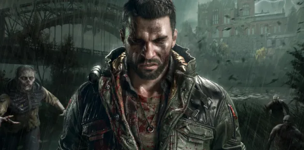 image-1757057357332-4396.webp Dying Light: The Beast - Kyle Crane berjaket berlumuran darah berdiri di tengah hujan dikelilingi zombie di setting pasca-apokaliptik