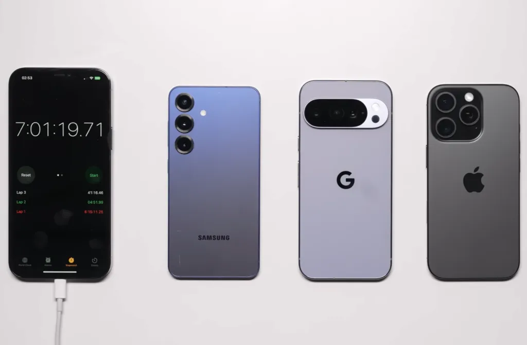 Perbandingan suhu Pixel 10 Pro, iPhone 16 Pro, dan Galaxy S25 saat tes baterai