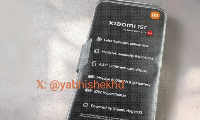 Kotak kemasan Xiaomi 15T yang menunjukkan spesifikasi utama termasuk chipset Dimensity 8400-Ultra