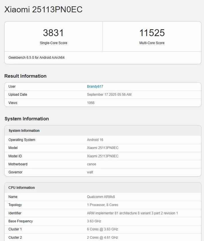 Xiaomi 17 Pro (Snapdragon 8 Elite Gen 5) Geekbench score