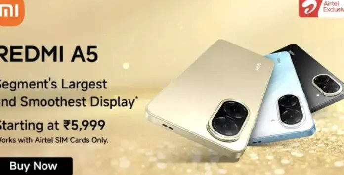 image-1758599176084-1122.webp Redmi A5 Airtel Exclusive Edition smartphone dalam tiga warna Jaisalmer Gold, Just Black, dan Pondicherry Blue