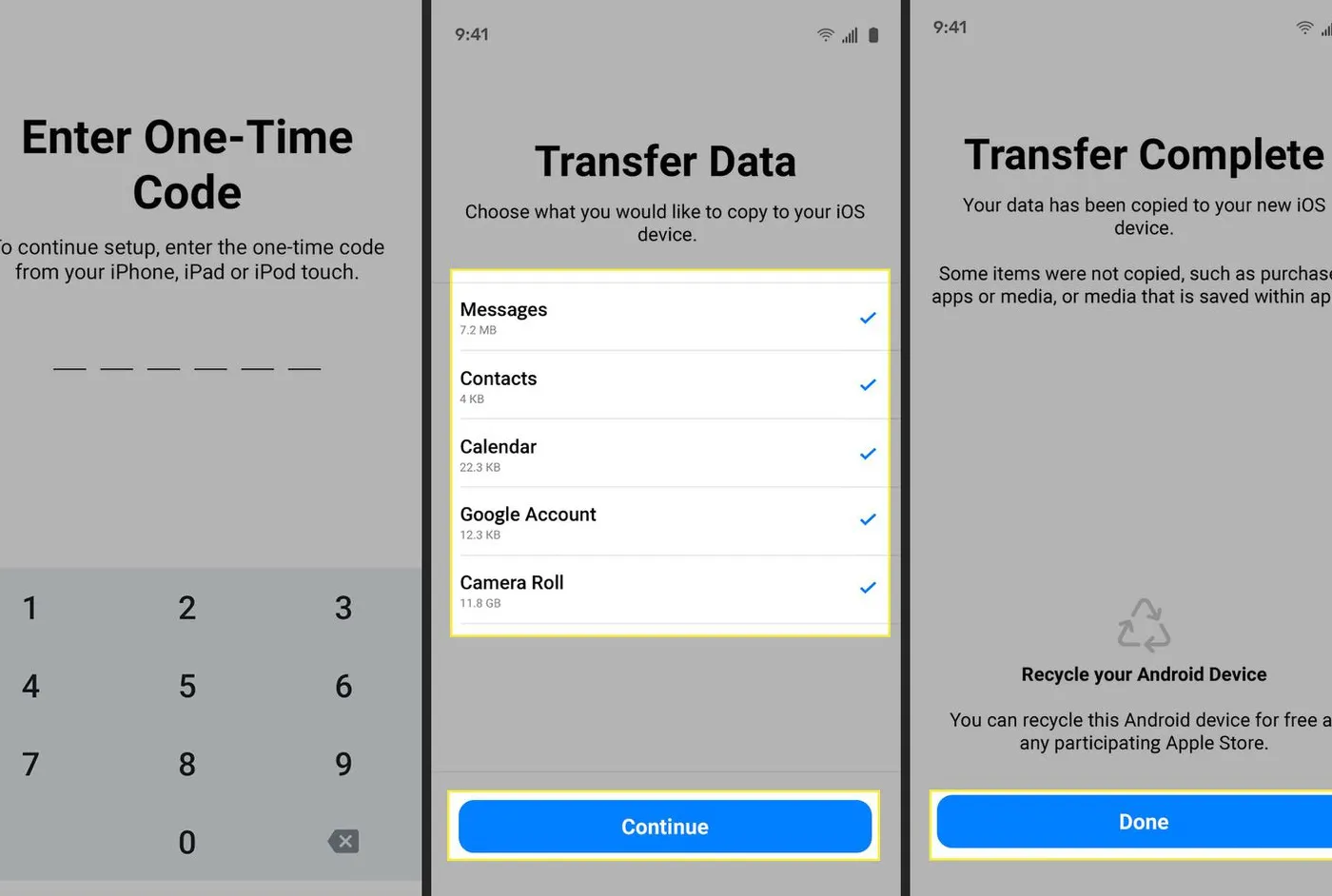 Steps in the Move to iOS app to transfer data from Android to iOS.