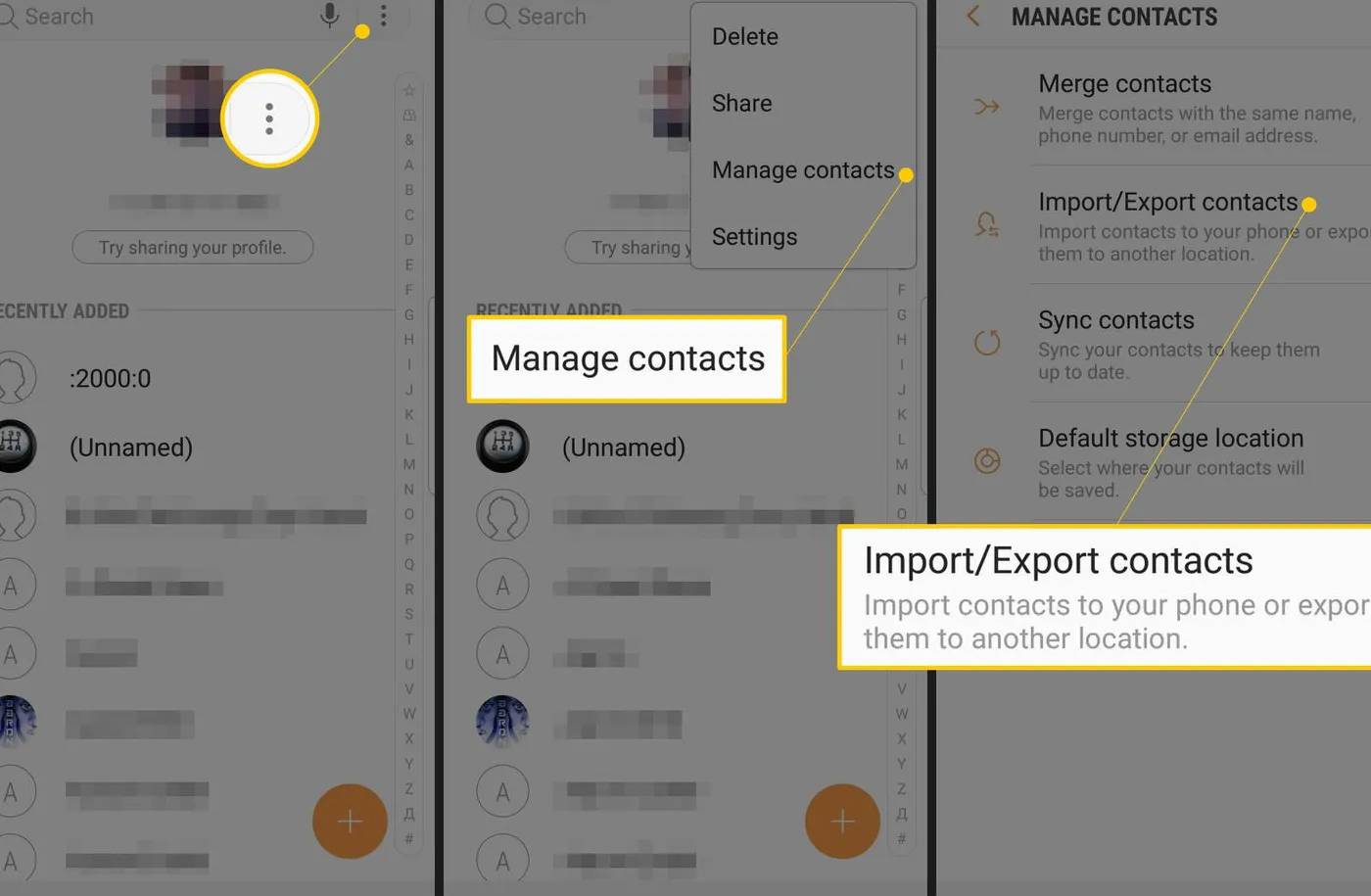 Tiga layar aplikasi Kontak Android menunjukkan tombol menu, Manage contacts dan Import/Export contacts