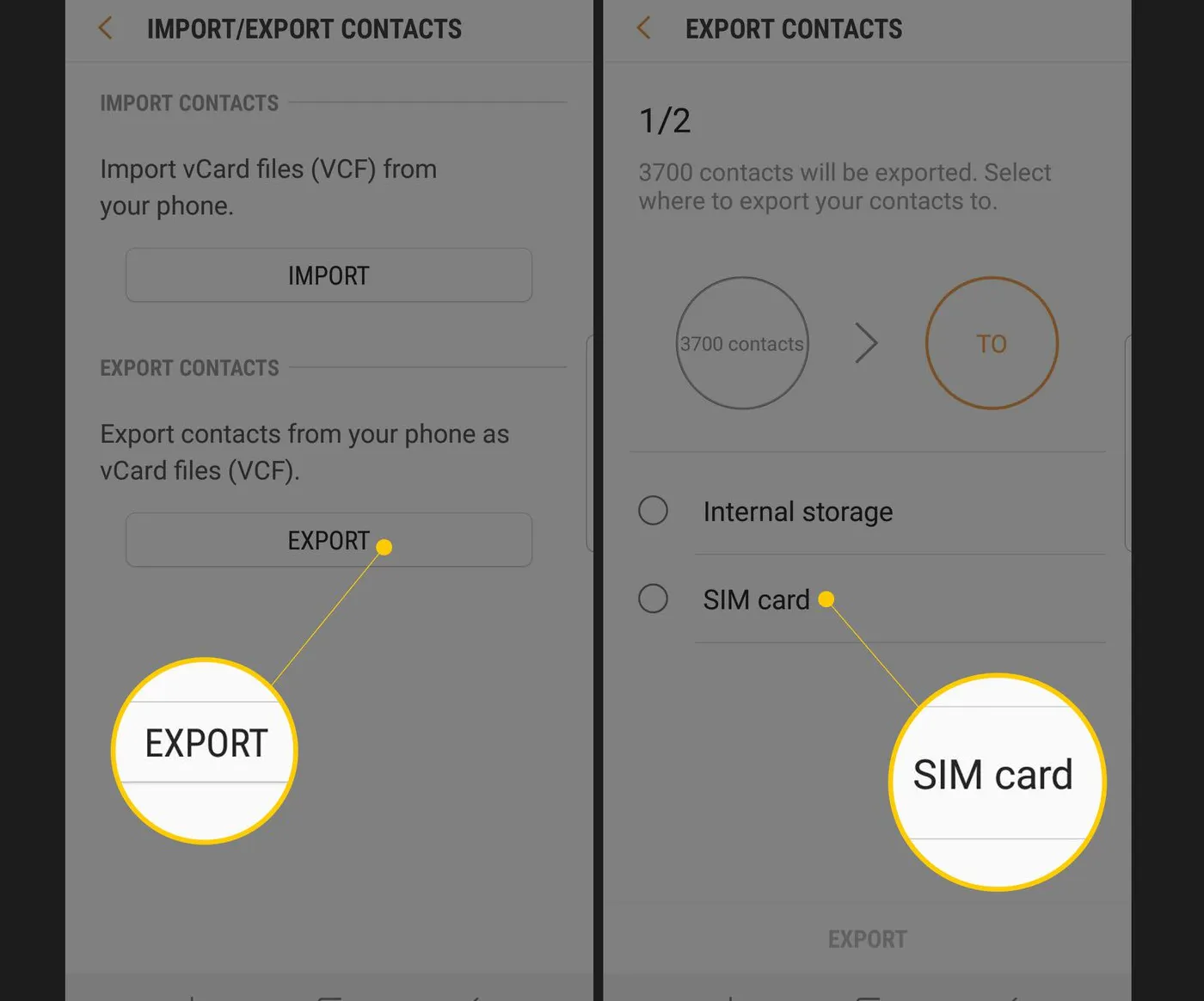 Dua layar Samsung menunjukkan tombol Export dan opsi penyimpanan SIM card