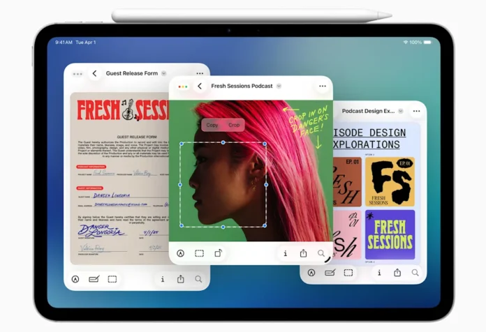 image-1759895913966-2280.webp Ilustrasi iPad dengan tampilan Slide Over yang menunjukkan multitasking dengan aplikasi melayang di sisi layar