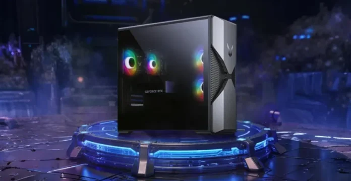Lenovo Lecoo Bellator Feng 7000 desktop PC dengan chassis mecha hitam dan panel kaca tempered transparan