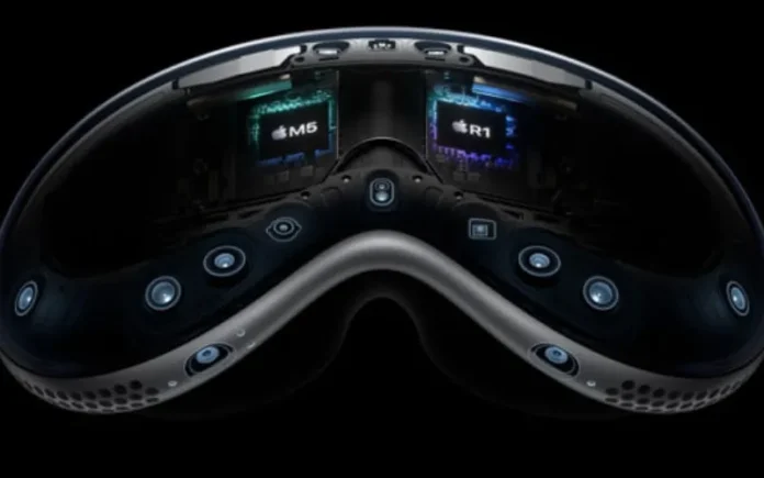 Apple Vision Pro M5 headset dengan desain premium dan tali Dual Knit Band berwarna abu-abu