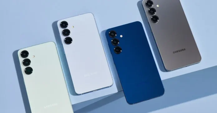 Samsung Galaxy S25 phones laying face down on surface