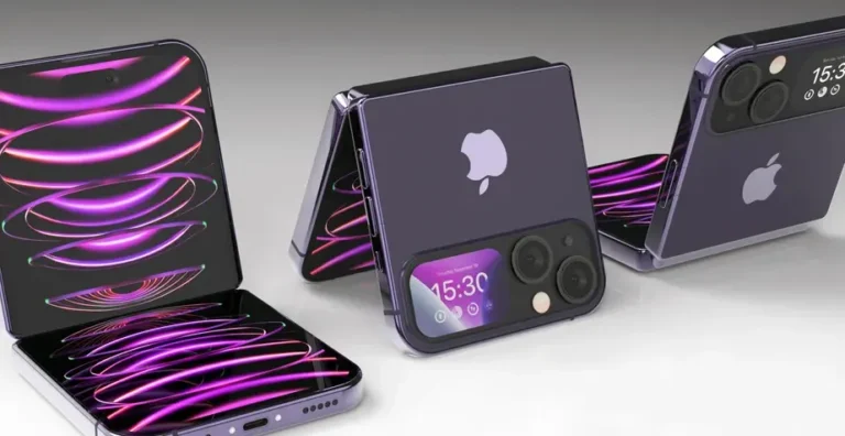 Ilustrasi konsep iPhone lipat Apple dengan desain futuristik dan layar tanpa bezel