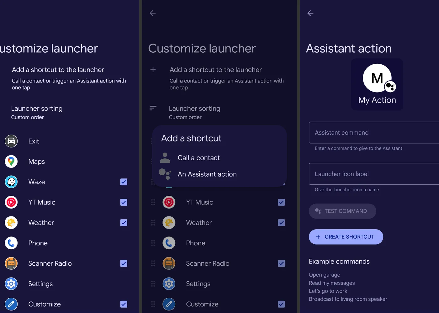 User interface for customizing an Android Auto launcher showing options for apps and shortcuts