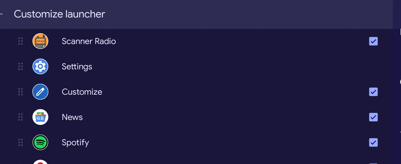 Menu showing Android Auto launcher customization with selectable app options