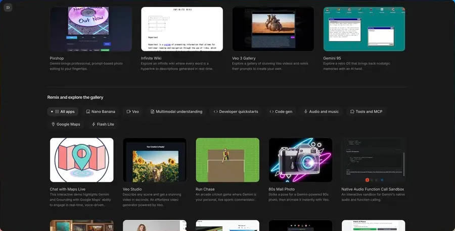 Tampilan App Gallery baru di Google AI Studio dengan proyek sampel