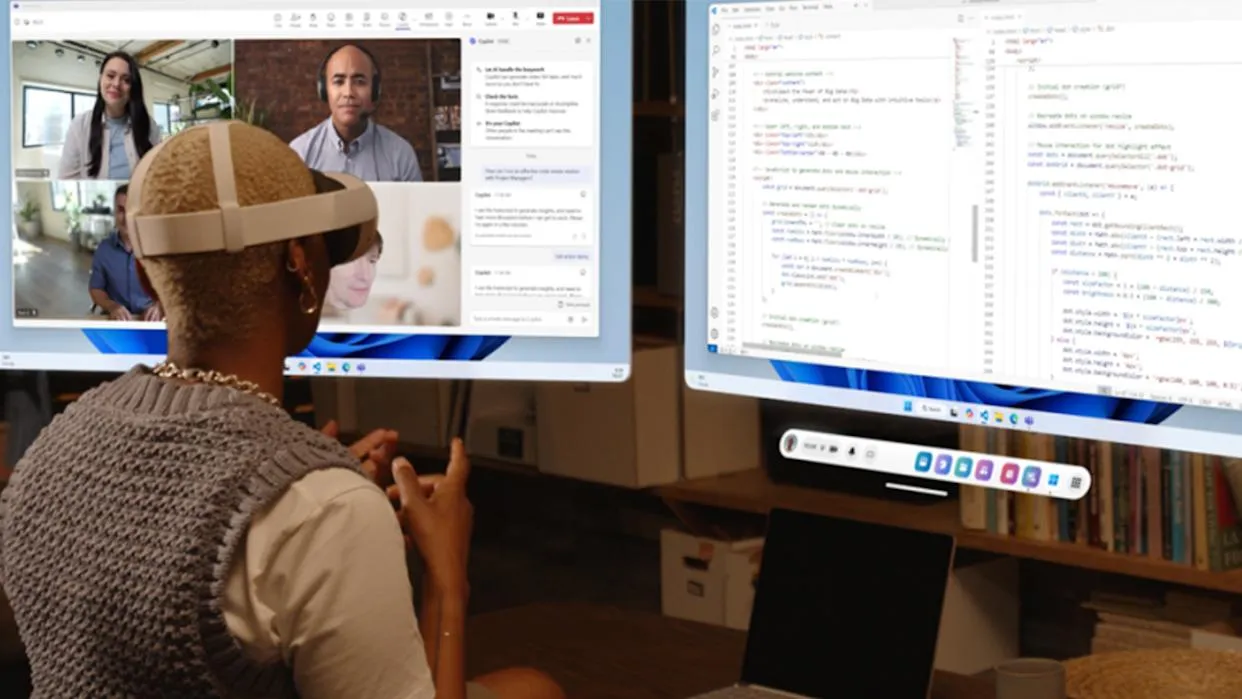 Pengguna mengenakan headset Meta Quest 3 dengan tampilan desktop virtual Windows 11