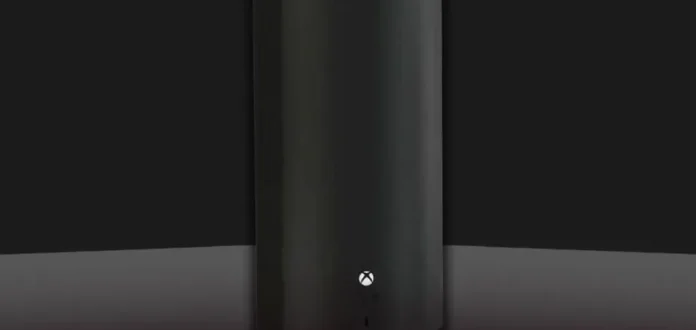 Konsol Xbox Series X hitam dengan desain modern dan lampu LED biru khas Microsoft