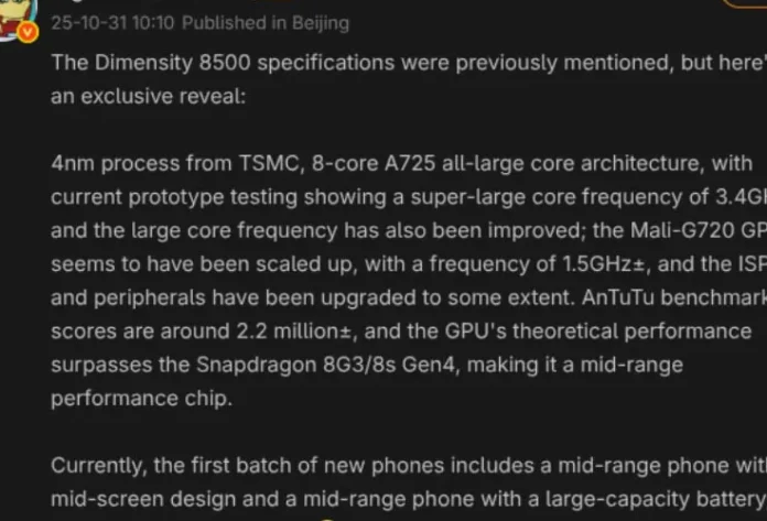 image-1761972190833-9782.webp Ilustrasi konsep chipset MediaTek Dimensity 8500 dengan latar belakang sirkuit elektronik berwarna biru dan emas