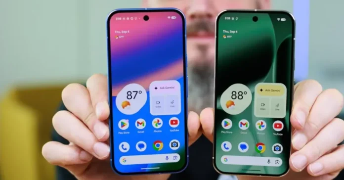 Perbandingan tampilan depan Google Pixel 10 dan Pixel 10 Pro dengan desain modern
