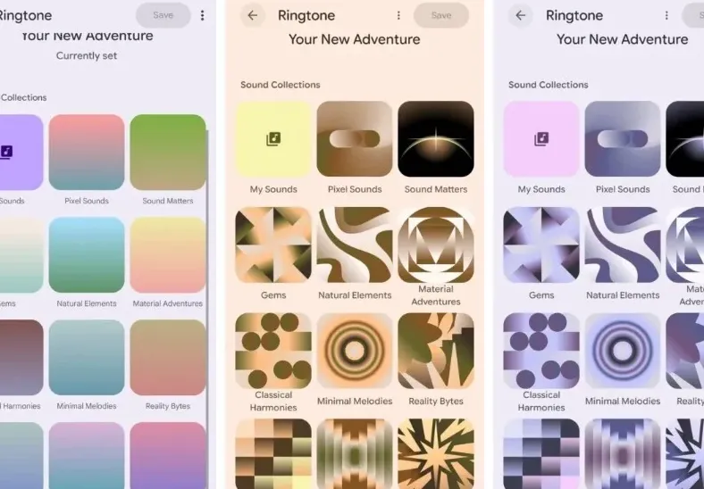 Old Pixel Sounds app versus two images of the new UI.