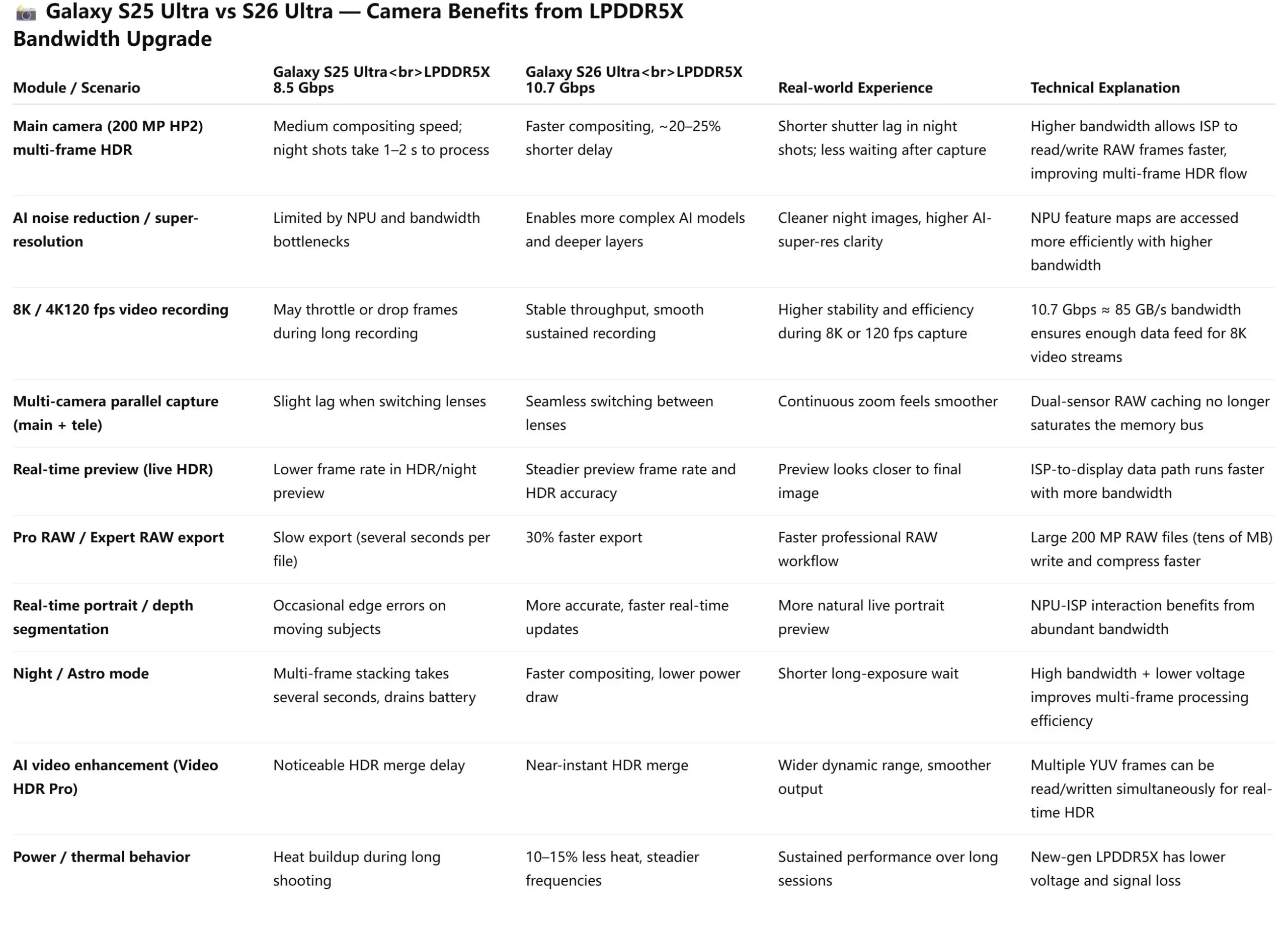 Galaxy S26 Ultra 10.7gbps RAM camera