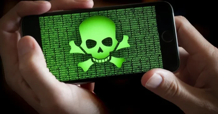 Ilustrasi malware Android dengan gambar tengkorak di layar smartphone yang merepresentasikan bahaya NGate