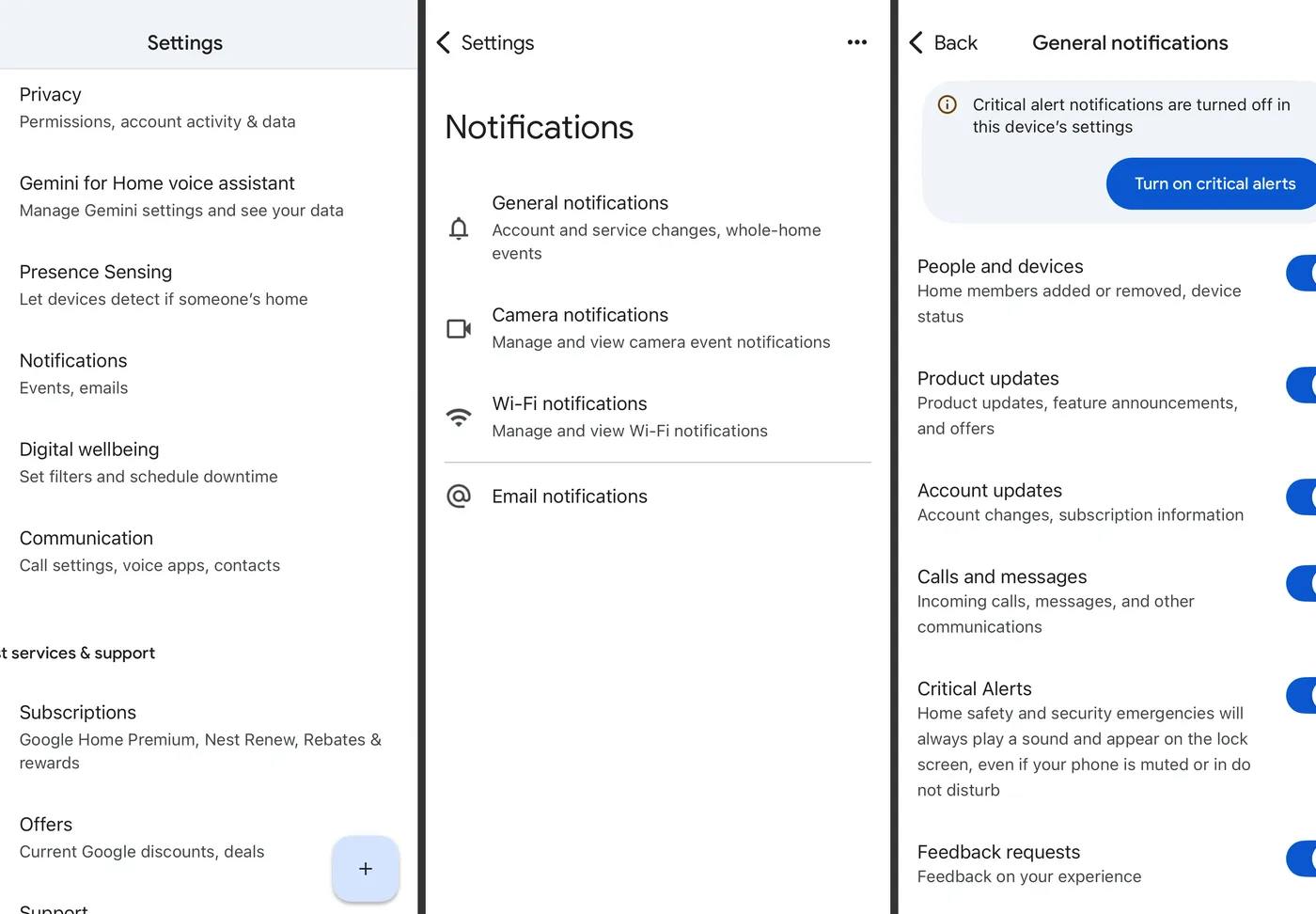 Screenshots of the Google Home Settings interface showing Notifications and Critical Alerts settings on iPhone