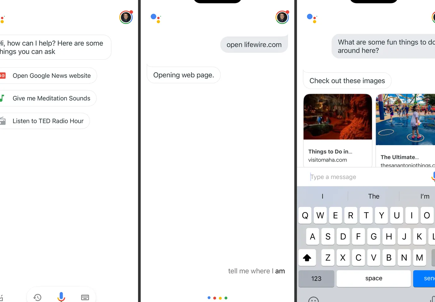 Three smartphone screens displaying Google Assistant on iPhone showcasing requests for a website and local activities