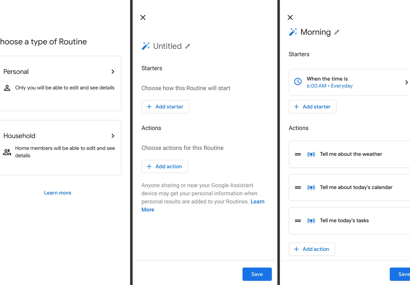 Screenshots displaying Google Assistant routine setup options on an iPhone