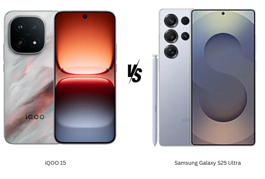 Perbandingan visual desain iQOO 15 dan Samsung Galaxy S25 Ultra yang menunjukkan perbedaan material dan gaya