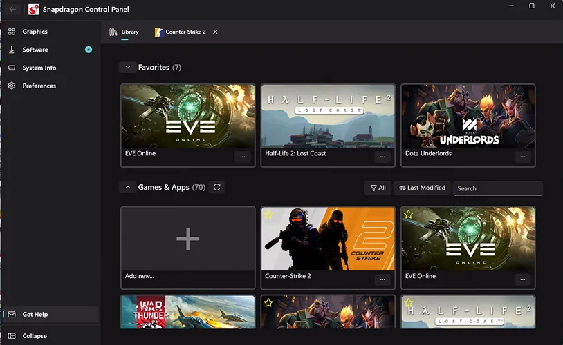Screenshot of the Snapdragon Control Panel